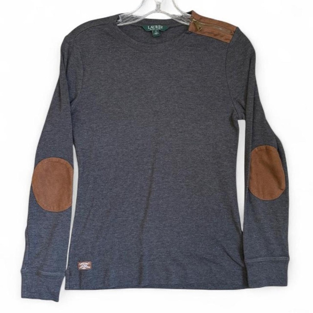 Lauren Ralph Lauren Gray Knit Top with Suede Elbow Patches & Zip Shoulder Small